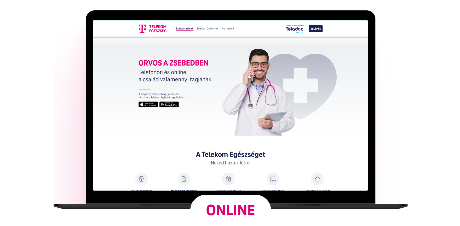 Telekom Egészség weboldal felülete, ahol az online orvosi konzultáció érhető el.