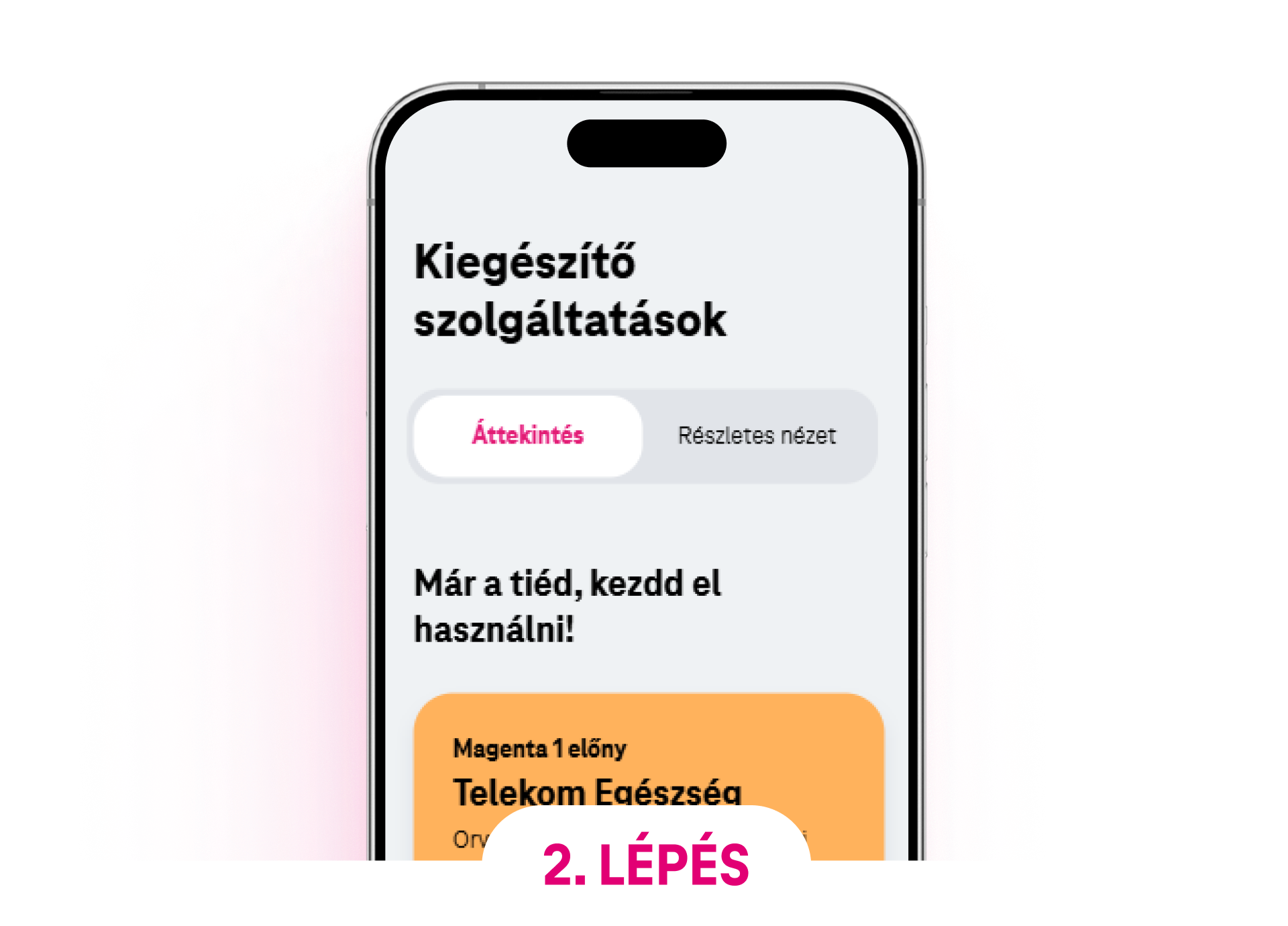 Telekom Egészség kiegészítő szolgáltatás kiválasztása a laptop képernyőjén, részletek megtekintéséhez.