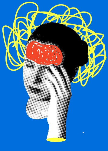 Modern pop-art stílusú illusztráció: egy gondterhelt női arc felett sárga firkák jelzik a káoszt, homlokán piros folttal, kék háttér előtt. Mentális egészség, stresszkezelés, fejfájás, szorongás, pszichológia, kreatív illusztráció, gondolatok, túlterhelts